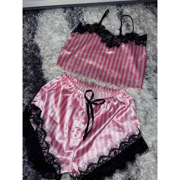 SHEIN Other - Women’s Silk Pink Striped Pajama Set Size Medium